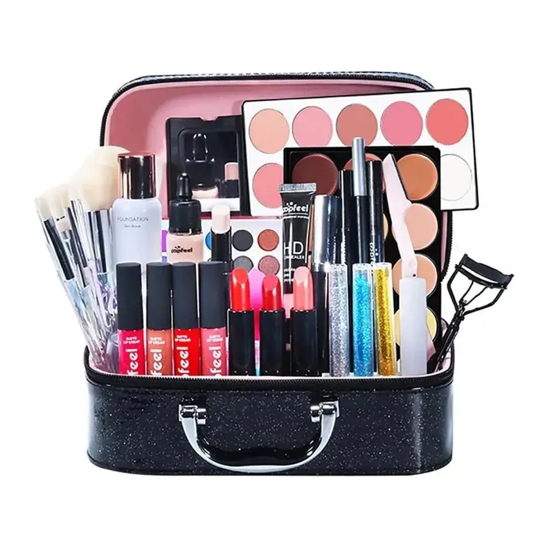 Conjunto de cosméticos para iniciantes, conjunto prático de cosméticos para maquiagem, brilho labial, ótimo presente, pó, com caixa de armazenamento para desempenho