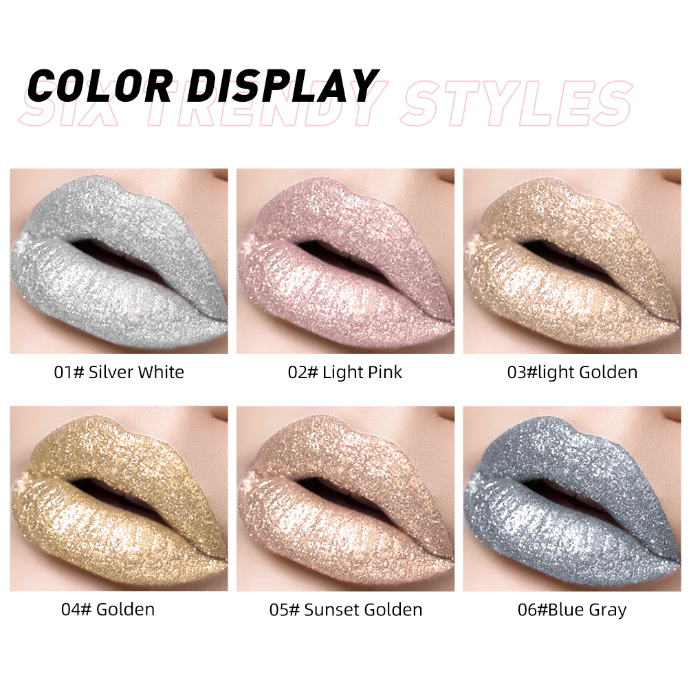 Glitter diamante batom líquido à prova dlong água longa duração pérola brilhante brilho labial metal encantador feminino maquiagem labial 6 cores