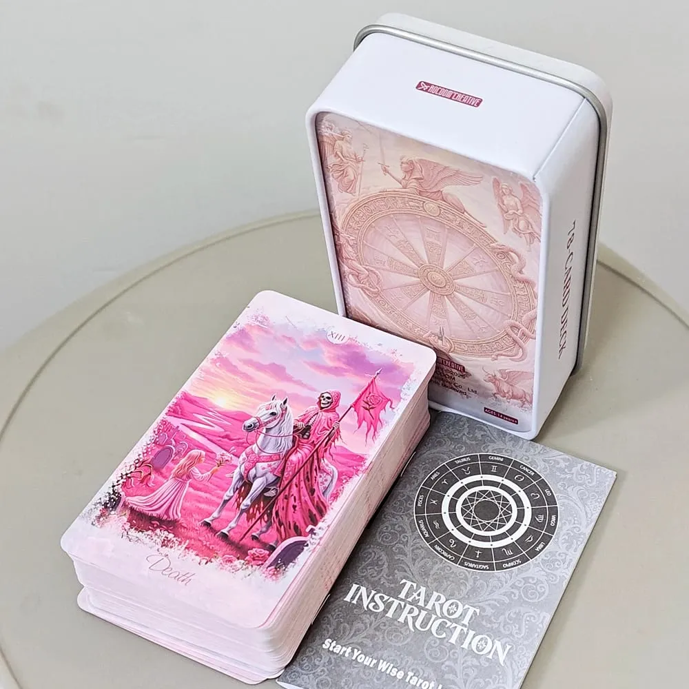 Pink Romantic Fantasy Tarot Deck in Tin Box 78-Card Full Deck with Instruction Book 11*6.2cm Spiritual Divination Oracle