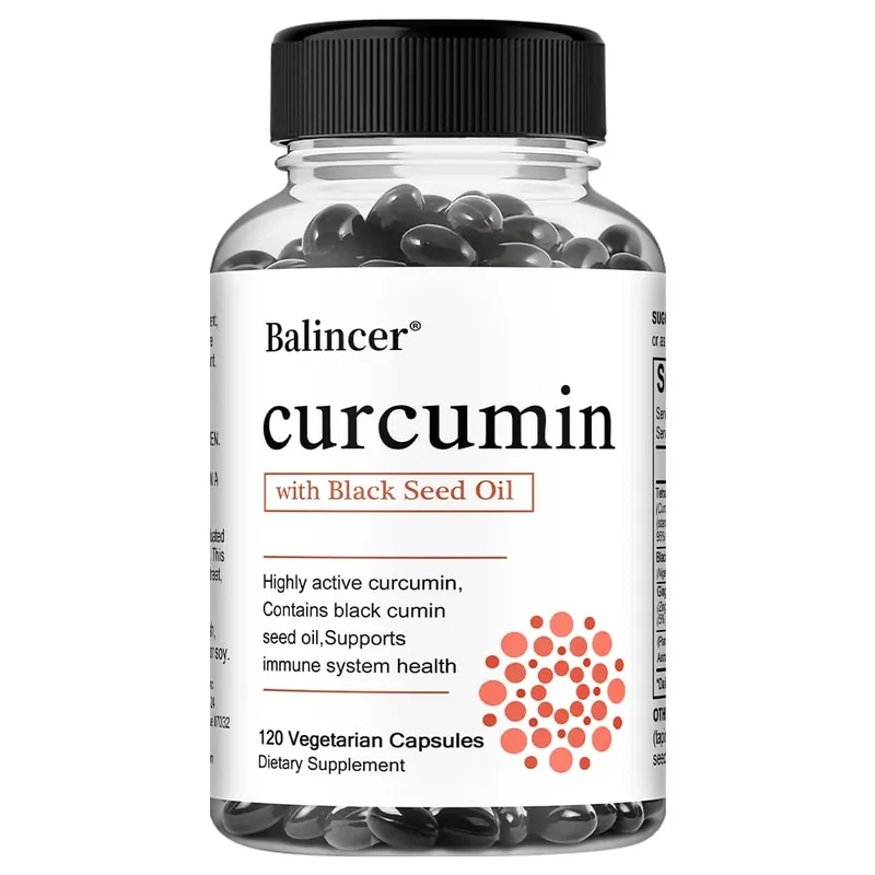 Suplemento de cápsulas de curcumina de cúrcuma com extrato de óleo de semente preta para suporte digestivo e imunológico conjunto, cognição cerebral