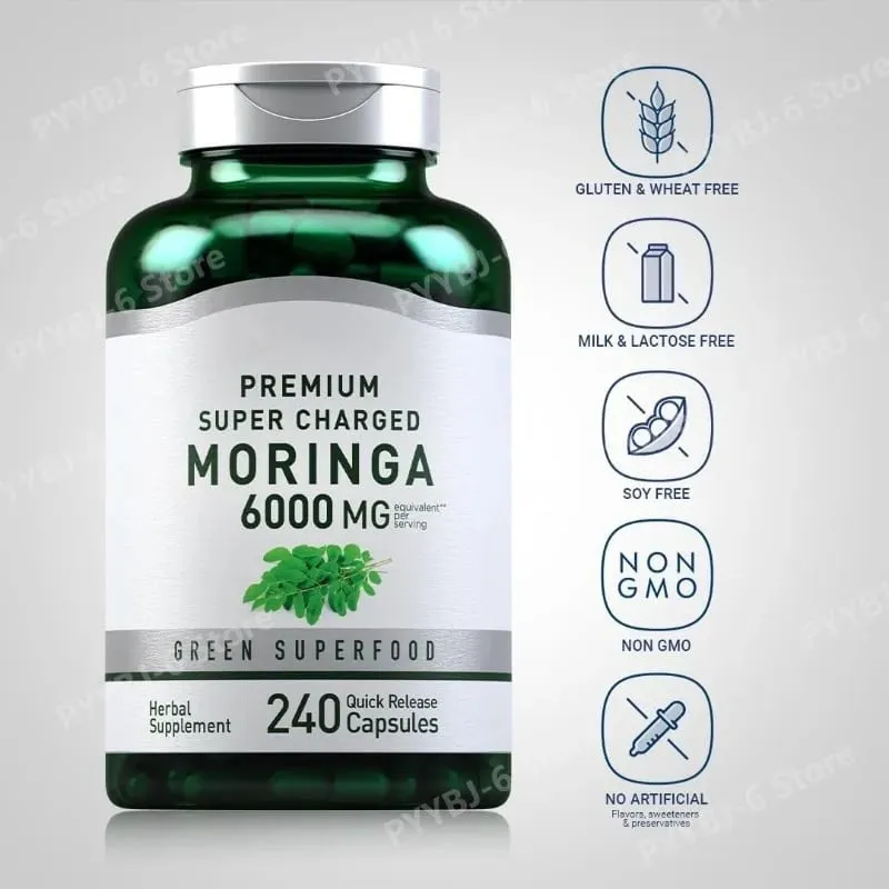 Suplemento de Moringa Oleifera 6000mg Extrato de Folha Concentrado Suporta Saúde e Bem-Estar Geral Não OGM 240 Cápsulas para Adultos
