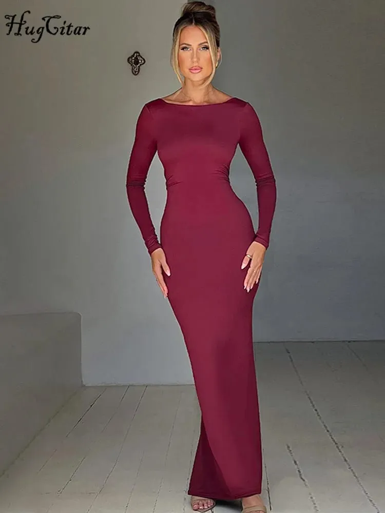 Hugcitar primavera elegante manga longa sem costas sólido cuched sexy bodycon maxi vestido de baile roupa feminina festa à noite festival y2k