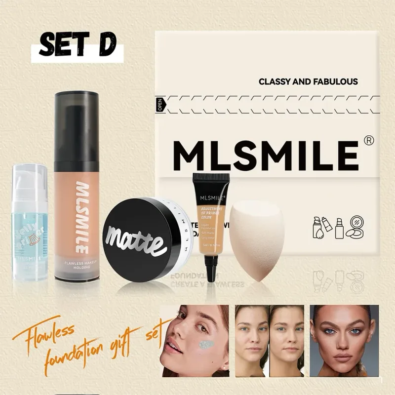Conjunto de maquiagem facial tudo em um, base líquida em pó, primer e ovo para acabamento fosco de longa duração