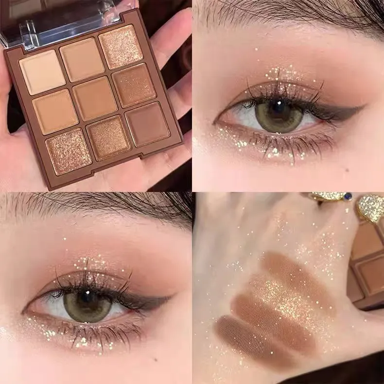 9 Colors Glitter Eyeshadow Palette Chocolate Brown Shimmer Matte Acrylic Eye Shadows Palette Waterproof Korean Makeup Cosmetics — image 4