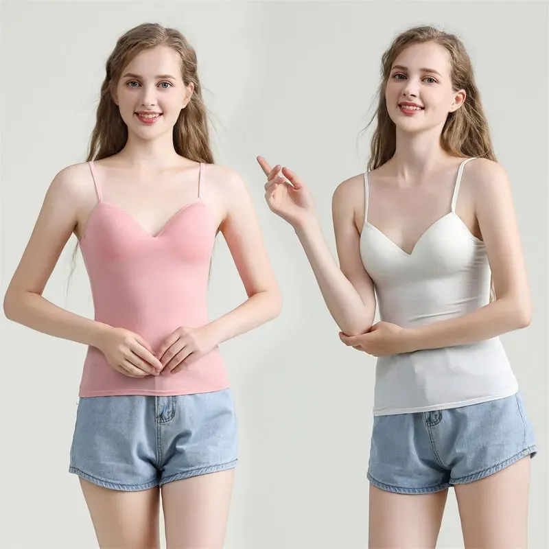 Novo sutiã acolchoado ajustável regata feminina modal espaguete sólido cami top colete feminino camisola com sutiã embutido roupas de fitness