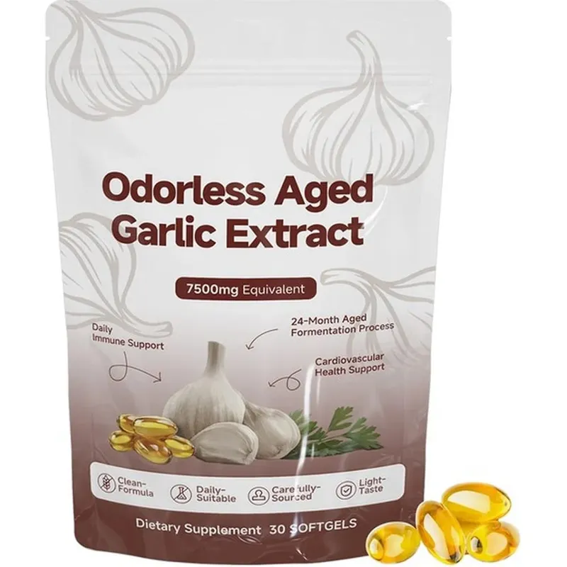 Extrato de alho envelhecido inodoro 7500mg Softgels equivalentes 30 contagens Suplemento diário de alho Coração e suporte geral de bem-estar