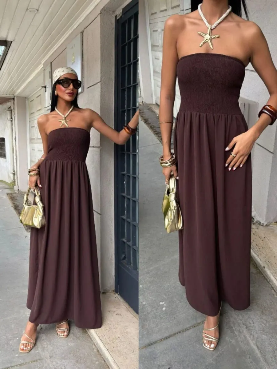 2026 nova moda verão cor sólida fora do ombro sem alças cintura-cintura vestido longo para mulher