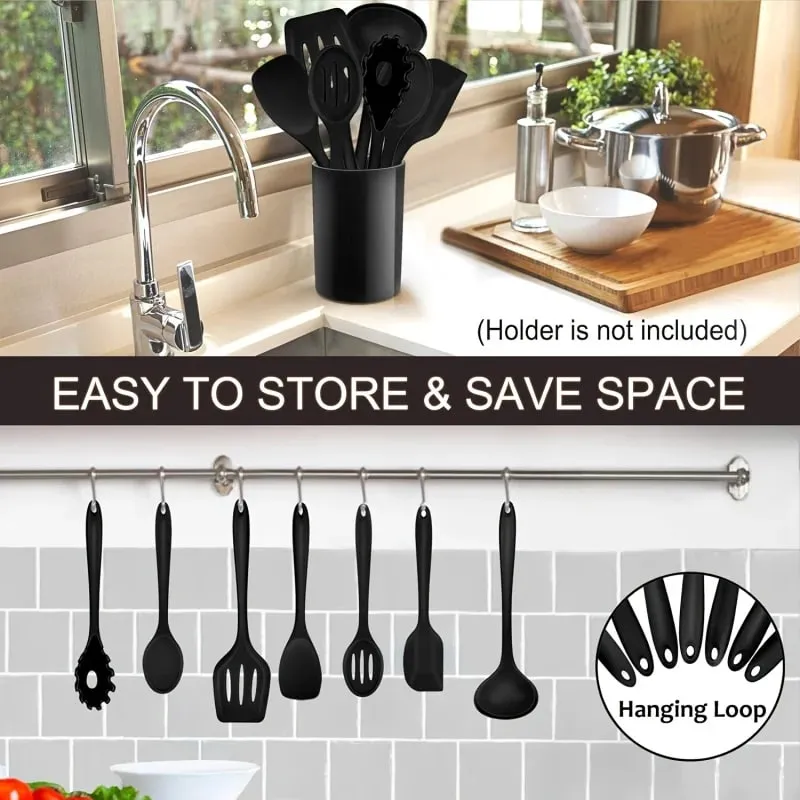 1 ‌ /7-Piece Silicone Kitchen Utensil Set - Non-Stick Spatula Spoon Skimmer Pasta Clip & More for Cooking & Baking