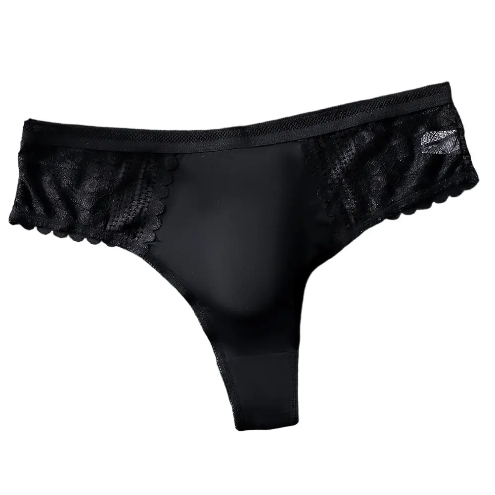 1pc Men's Sexy Lace Briefs Seamless Ice Silk G-String Underwear 3D Bulge Pouch Solid Thong High Elastic Breathable Panties