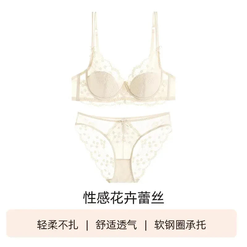 女用蕾絲全罩杯最小胸罩套裝薄款聚攏防下垂舒適內衣內衣適合大胸柔軟日常內衣