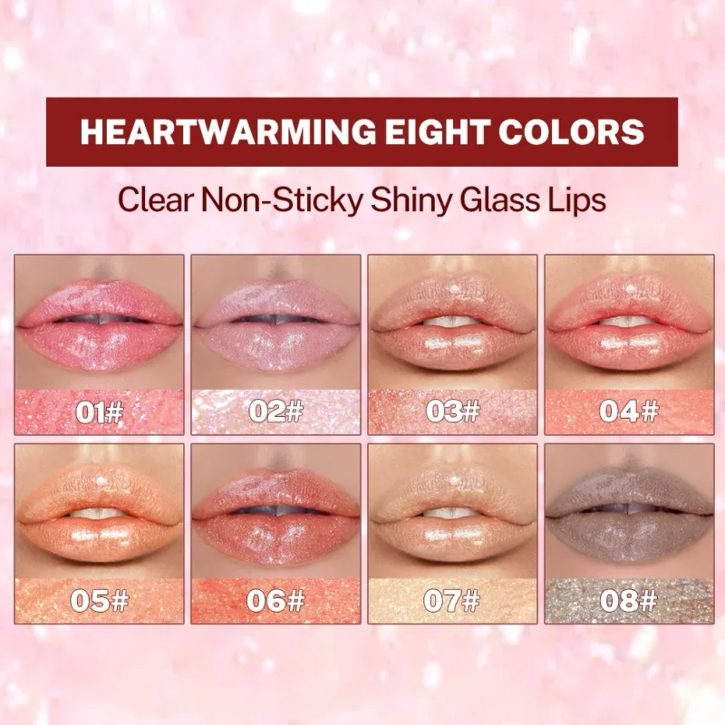 Qibest 8 Colors Moisturizing Diamond Shimmer Glitter Lip Gloss Makeup Sparkling Glitter Liquid Lipstick Pearl Lipgloss Tint