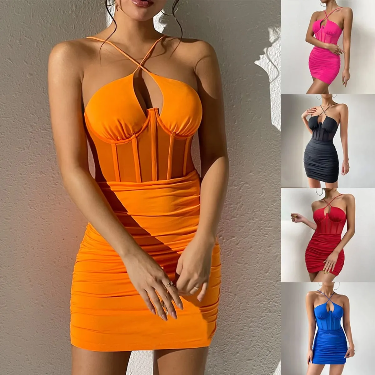 Mini vestido feminino sexy sem alças, malha transparente, espartilho de osso de peixe, vestidos curtos, cor sólida, slim fit, vestidos plissados