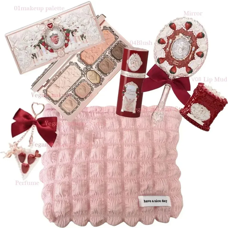 Flor sabe morango cupido coleção kit de maquiagem completa profissional rosto paleta blush sombra lábio creme sólido perfume conjuntos
