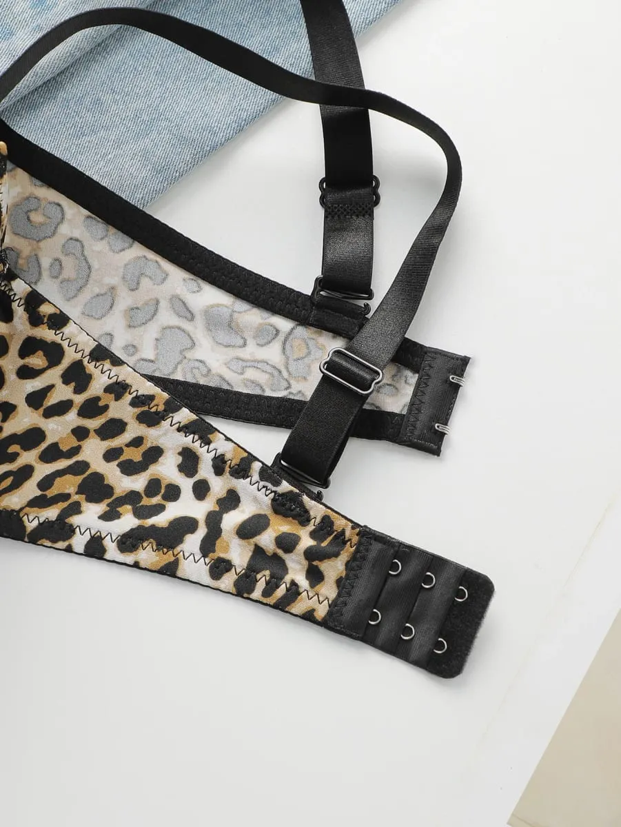Conjunto de 2 peças com estampa de leopardo sexy com levantamento reunido e conjunto de sutiã de suporte de aço espessado para roupas íntimas femininas B2051
