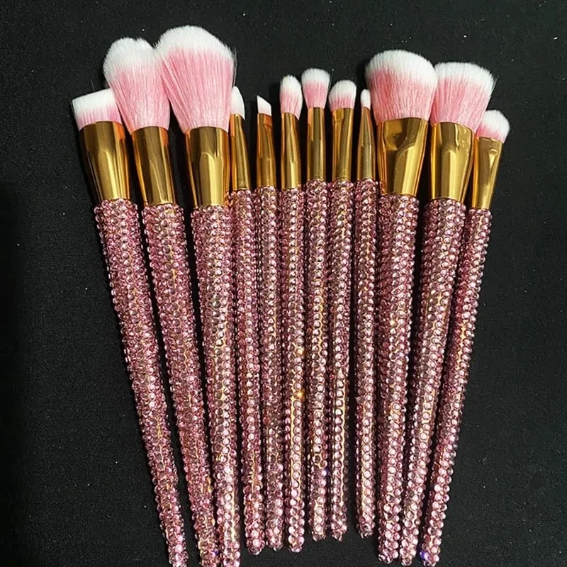 Pincéis de maquiagem cravejados de diamantes 12 Pçs/set Gemas Ferramentas de beleza de maquiagem Full Diamond Loose Powder Foundation Pincel corretivo Bling