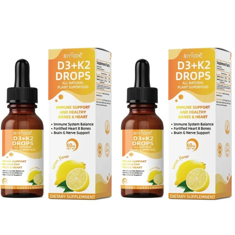 Vitamina D3 K2 Gotas Líquidas Absorção de Cálcio e Suporte Ósseo 1000 UI D3 com Sabor Limão K2 60 ml 30 Porções