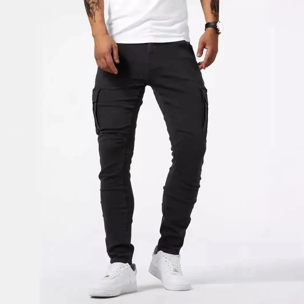 Calça jeans masculina stretch de rua, lavada, cor sólida, multi bolsos, calça de trabalho, casual, slim fit, uso diário, calça de corrida, mid wa