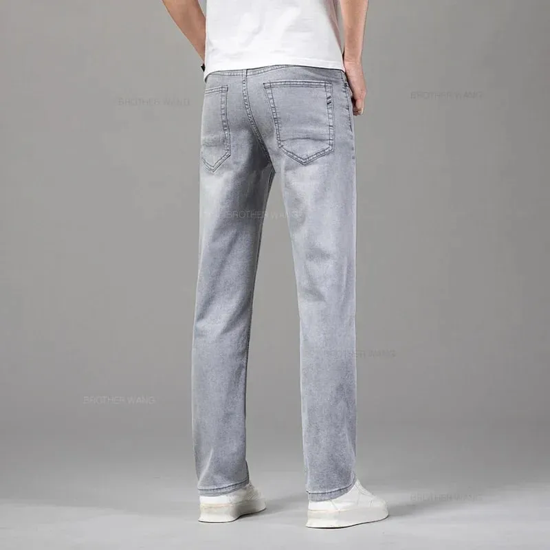 Verão fino masculino elástico algodão jeans moda cinza confortável negócios em linha reta calças casuais marca roupas masculinas