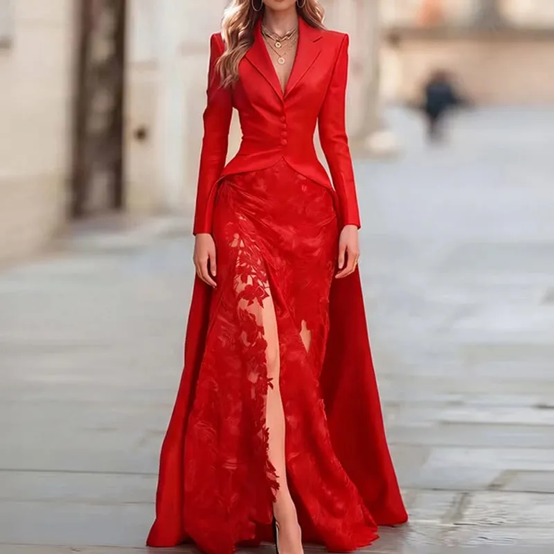 Outono feminino lapela botão superior e saia conjunto de duas peças rendas retalhos ajuste fino terno de festa elegante sólido formal ocasião outfit — image 5