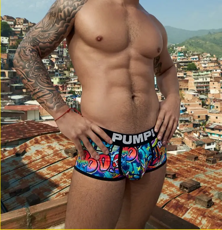 1 pçs masculino algodão mistura de náilon boxer briefs all-over graffiti impressão ampla cintura elástica não-apertado moda esporte roupa interior