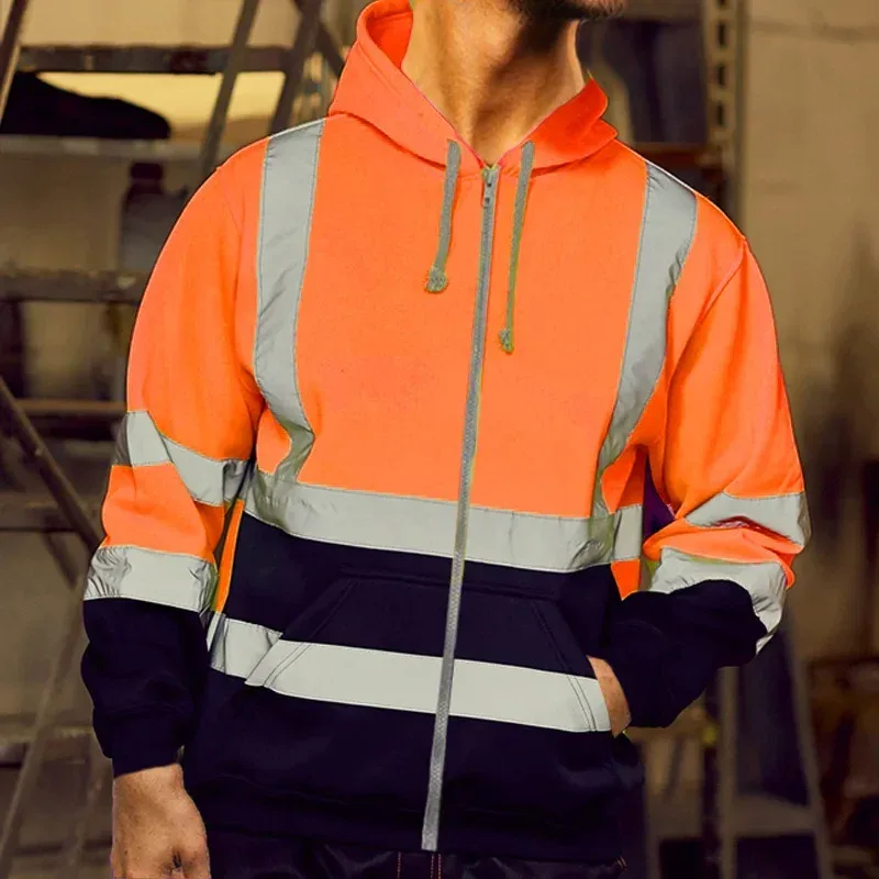 Reflective Work Safety Men Hoodies Drawstring Loose Zipper Jacket Autumn Thin Fleece Hooded Pullover Coat Casual Work Sweatshirt