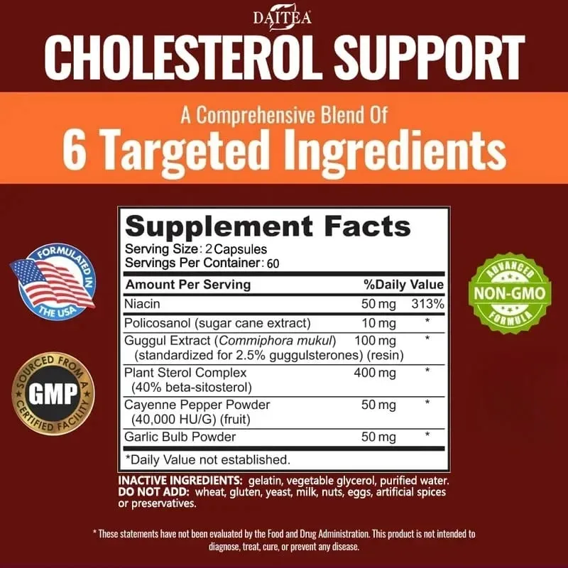 Suplemento de suporte ao colesterol Daitea - Reduz LDL e triglicerídeos Sistema imunológico Alivia a ansiedade Naturalmente Saúde adrenal