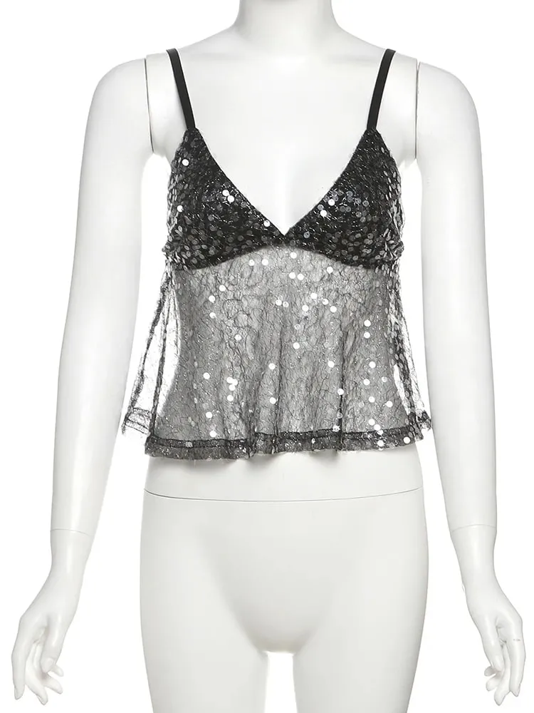 Nibber lantejoulas retalhos malha camisola feminina com decote em v sexy sem costas verão tendência rua meia-noite versátil hottie clássico topos — image 6