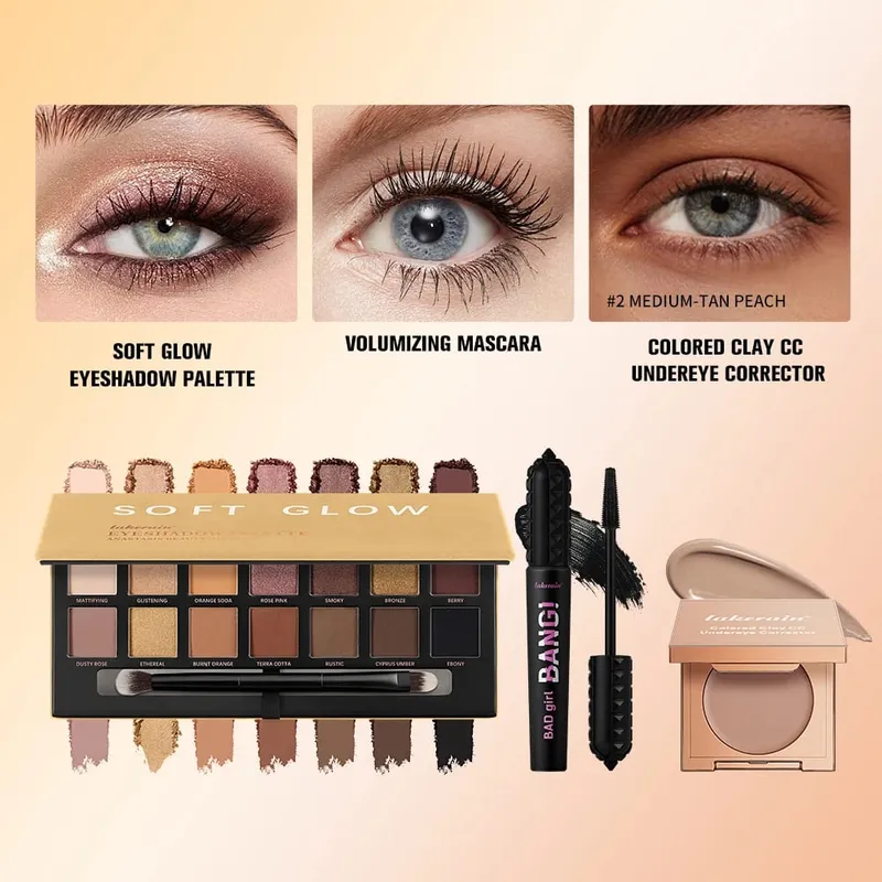 3pcs/set CC Full Coverage Undereye Color Corrector Glow Eyeshadow Palettes Volumizing Mascara Lasting Beauty Eyes Makeup Kit