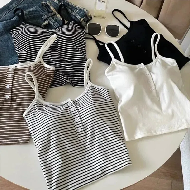 Colete feminino listrado integrado, roupa interna e externa, botão fixo, sem sutiã, top esportivo, estilo curto, algodão 100%, colete curto