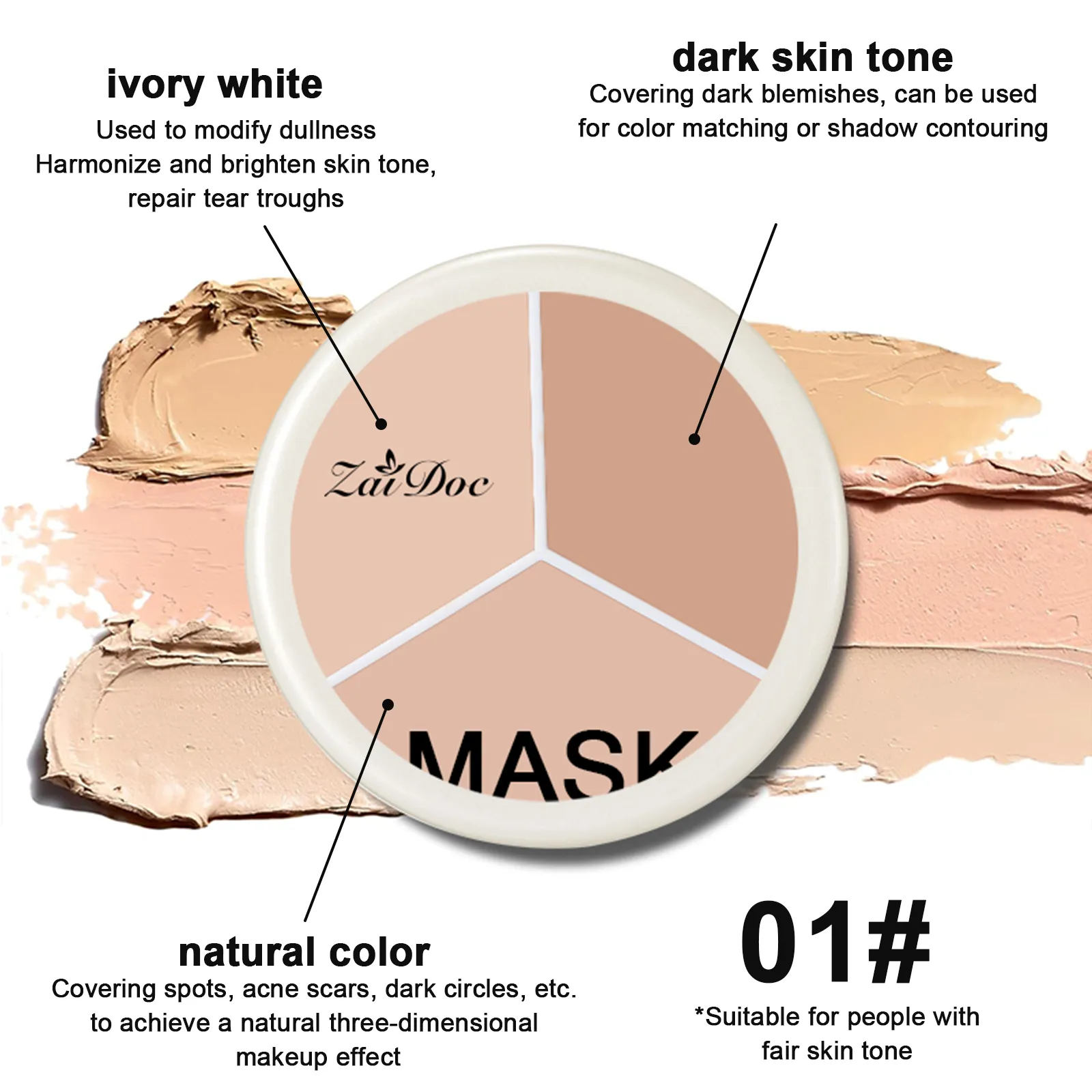 Zaidoc 3 cores paleta corretivo cobertura completa creme corretor de longa duração para acne círculos escuros sacos de olho maquiagem natural 15g cada