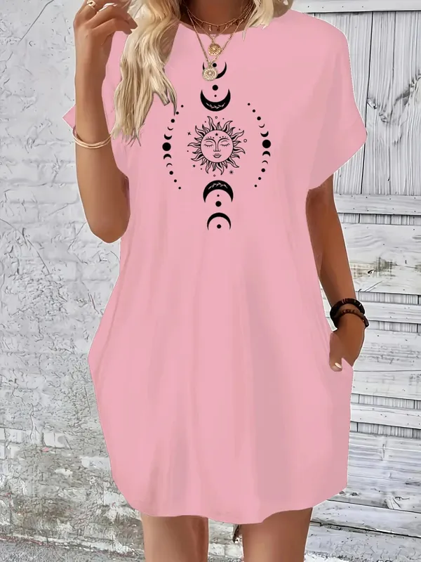 Ladies' summer loose sun moon planet pattern printed round neck short sleeved pocket comfortable casual plus size dress