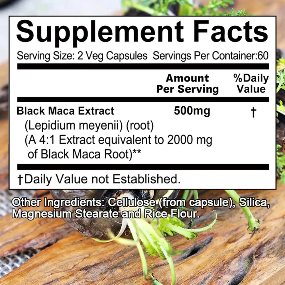 Cápsulas de Maca Negra 20000mg - Suporta a Função Cerebral Promove o Crescimento e Recuperação Muscular Super Absorção Melhora a Vitalidade