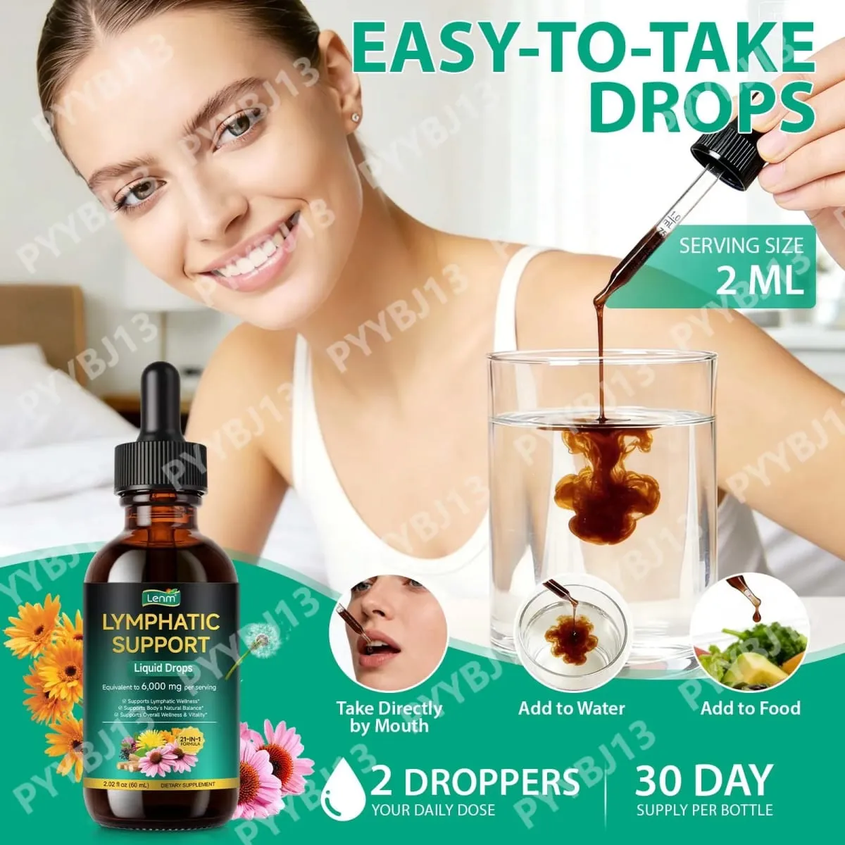 Lenm 60ml sistema linfático limpa suplementos líquidos de suporte imunológico gotas de ervas linfáticas orgânicas naturais para suporte de equilíbrio