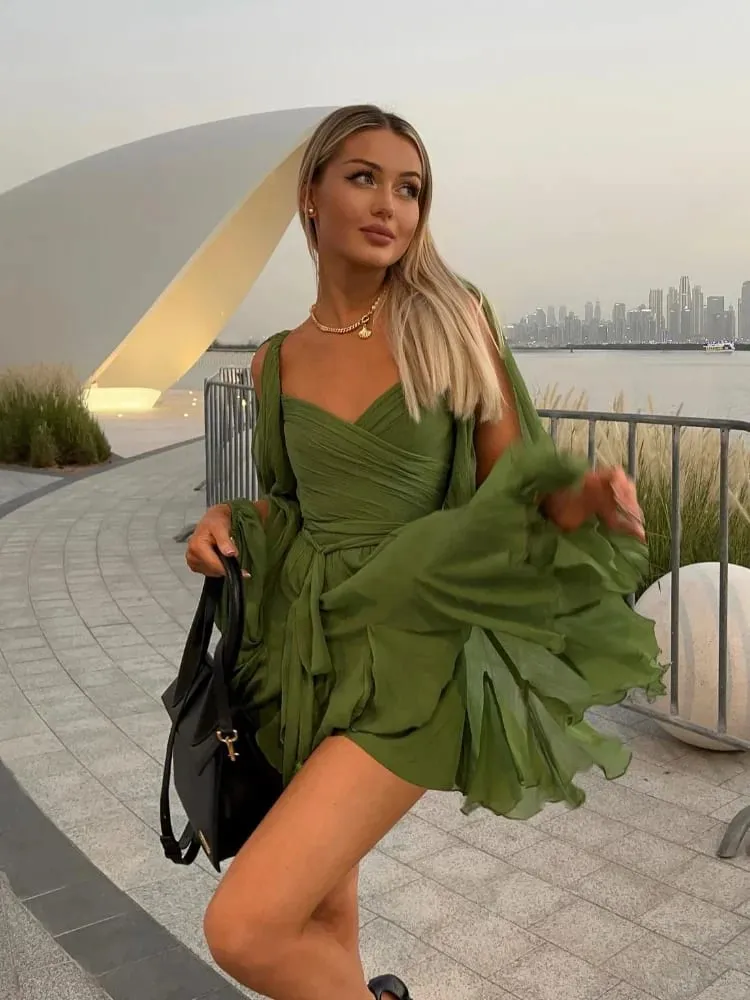 Irregular Mesh Split Long Sleeve Dress Sexy Green Lace Up Pleated Hem High Waist Vestido Summer Lady Vacation Beach Gowns 2025 — image 2
