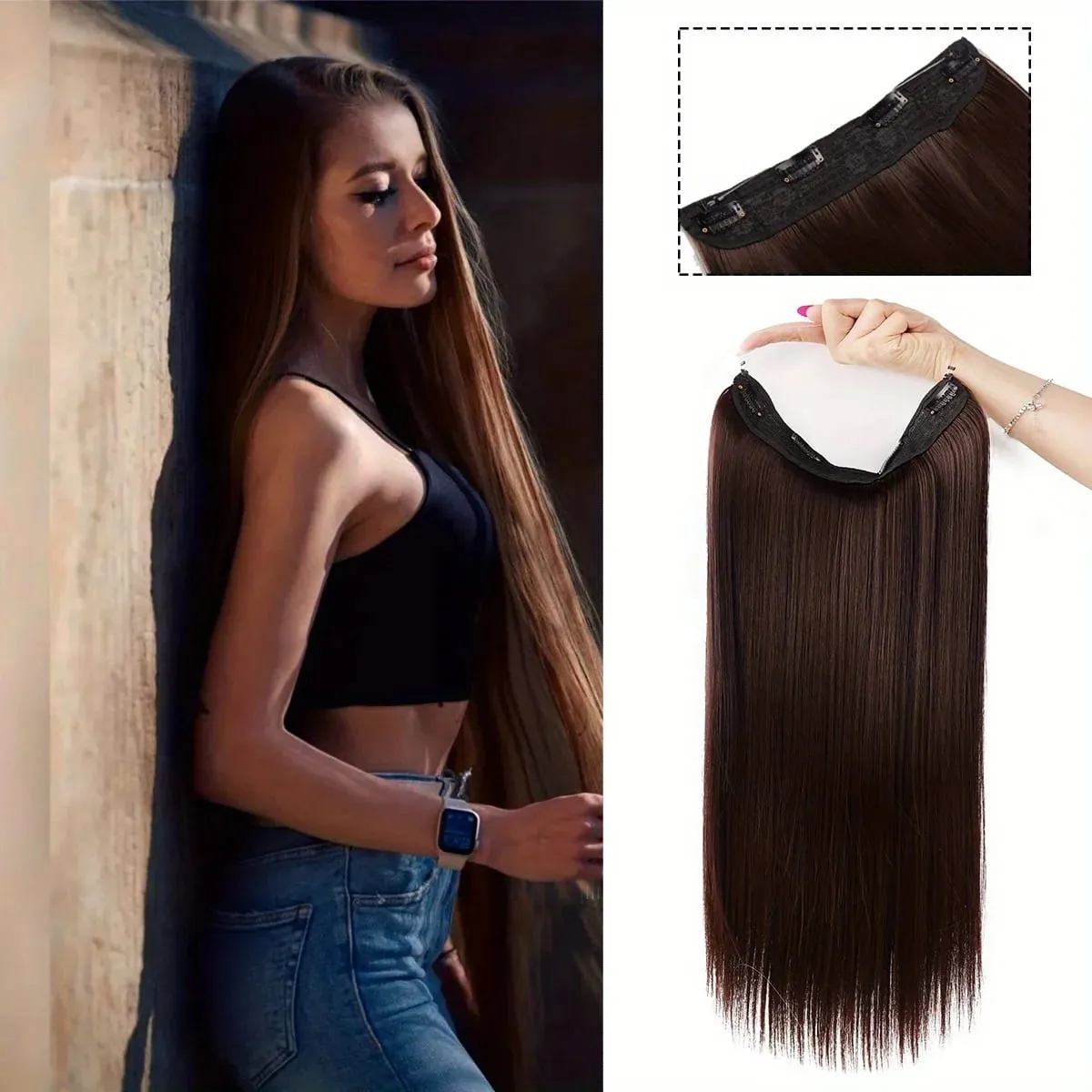 Invisible Wire Hair Extensions Adjustable Size Removable Secure Clips in 24 Inch Straight Secret Hairpiece for Women
