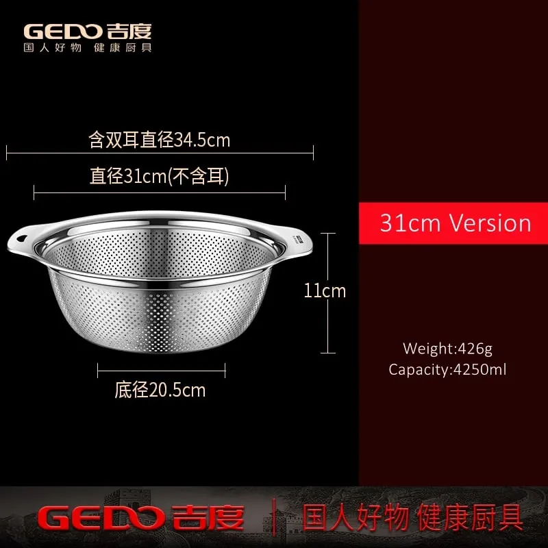 Certificação LFGB 304 Bacia de drenagem de lavagem de cozinha em aço inoxidável 23cm ~ 31cm de diâmetro Coador com furos pequenos densos