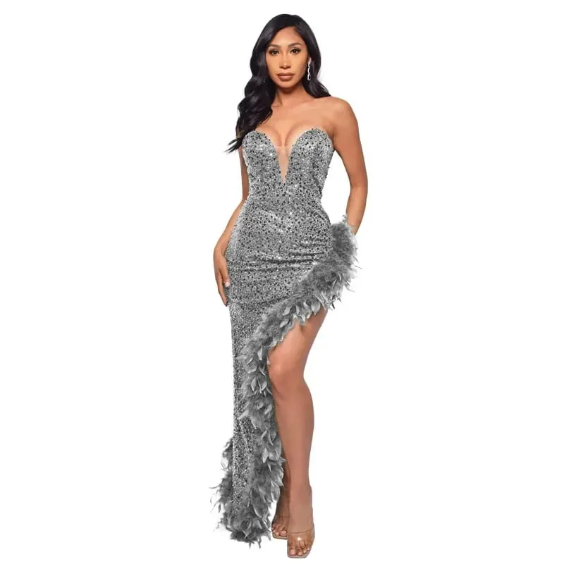 yaya feminino lantejoulas sem alças pena alta lateral divisão sem alças bodycon midi maxi vestido sexy clube até vestidos de festa