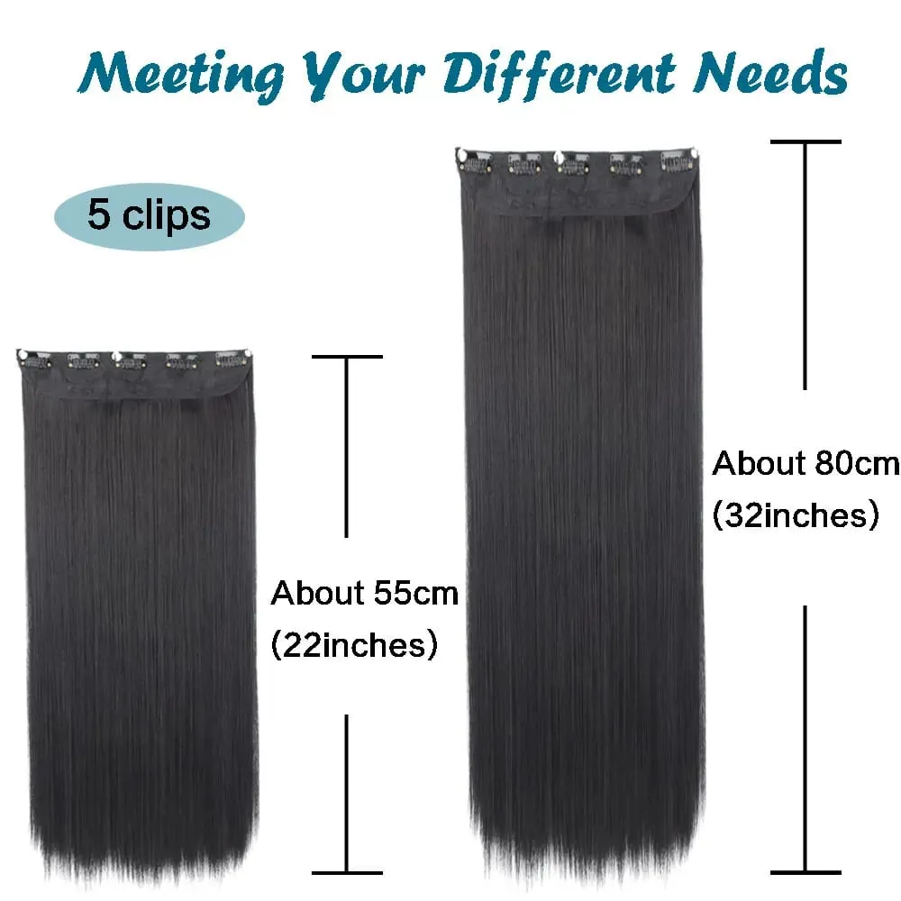 Synthetic Long Straight Hair 5 Clips Extensions Clips in High Temperature Fiber Black Brown Hairpiece