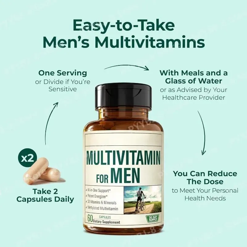 Cápsula multivitamínica para homens, suporte para saúde imunológica, contém vitaminas metiladas e minerais quelados, fornece energia corporal 60 contagens