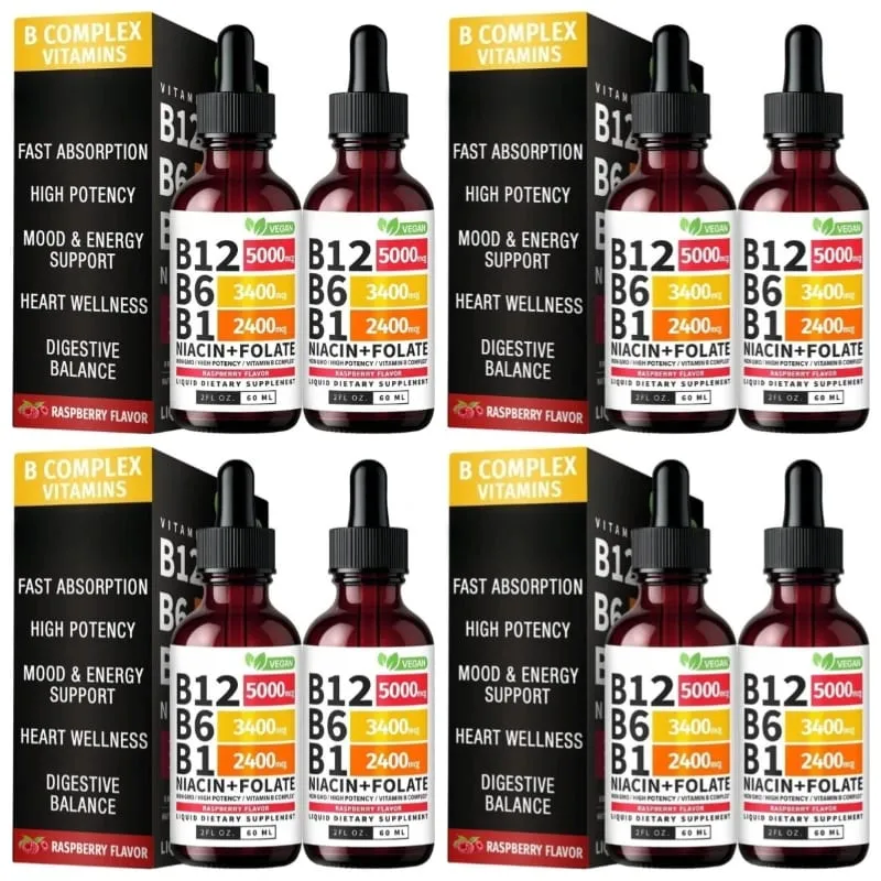 B12 b6 b1 niacina folato líquido sublingual vegan b-complex gotas para energia diária e suporte de foco framboesa para homens mulheres 60 ml