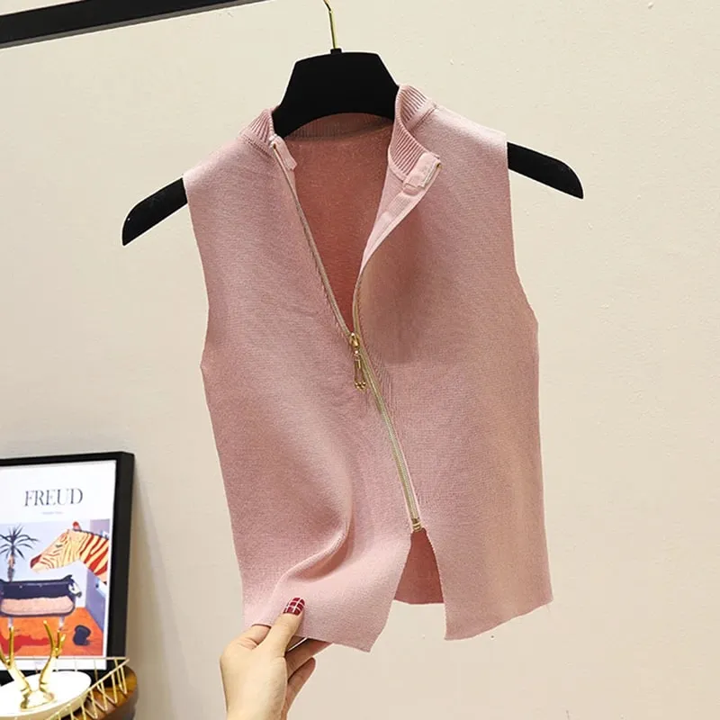 2026 Summer Spring zipper Knit Tank Top Cami Korean Camisole Elastic Vest O Neck Solid Color New Slim Breathable Tops White