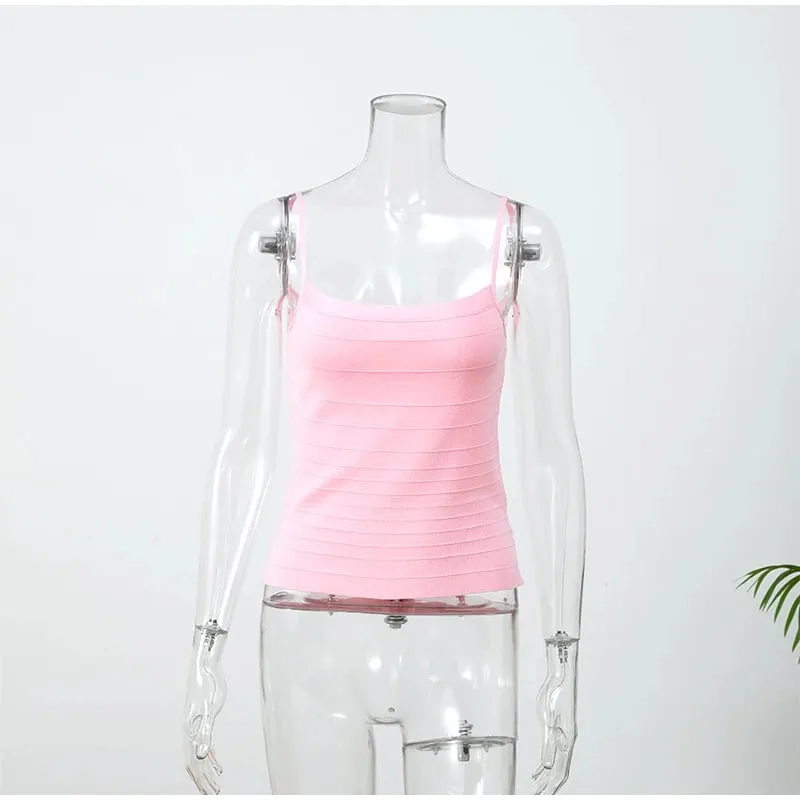 Feminino sexy sólido bandagem topo quadrado pescoço listrado cinta de espaguete espartilho sem mangas bodycon 2026 verão senhora festa moda colete