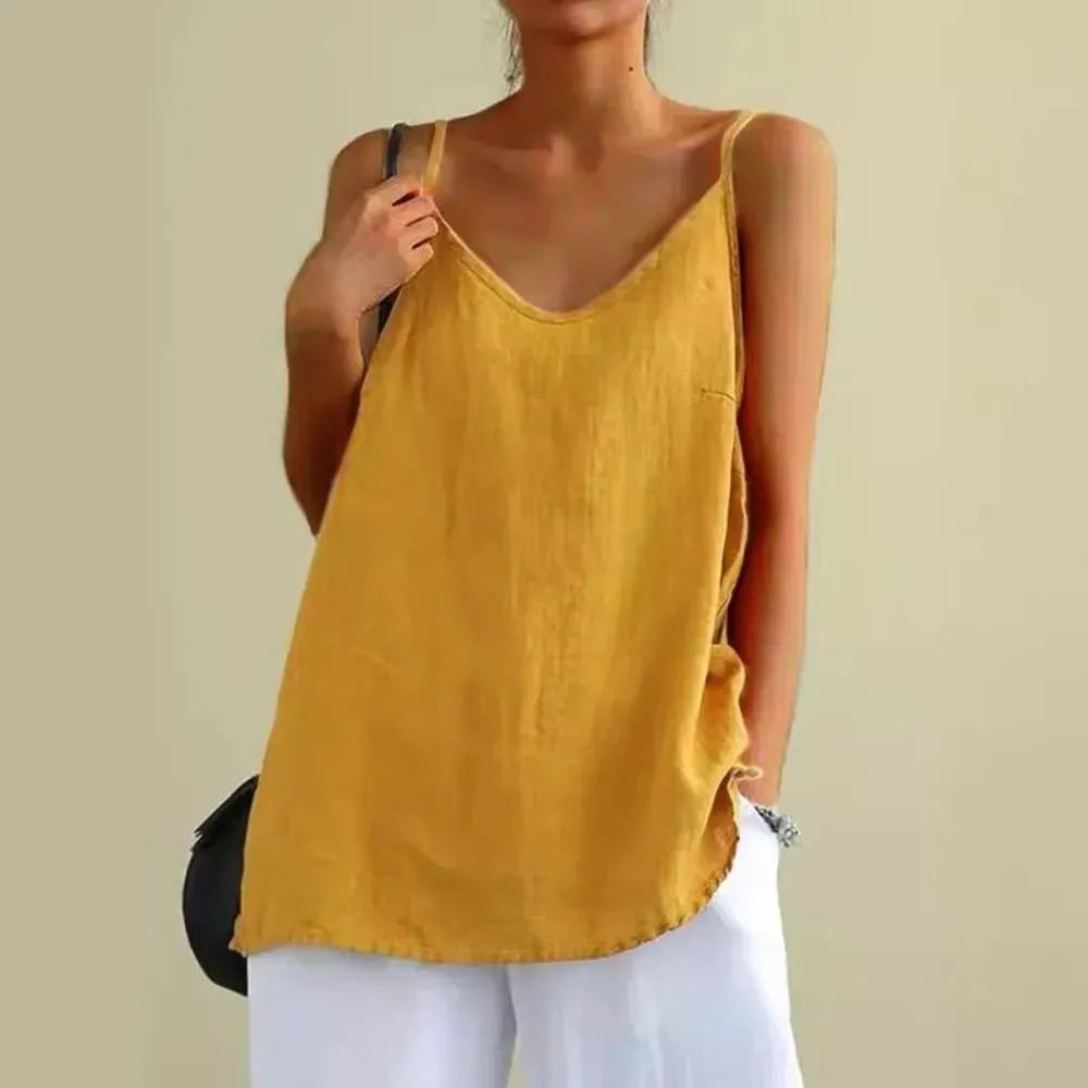 Top básico de algodão com alça espaguete, decote em V, sem mangas, regata solta, respirável, camis, roupa de verão — image 8