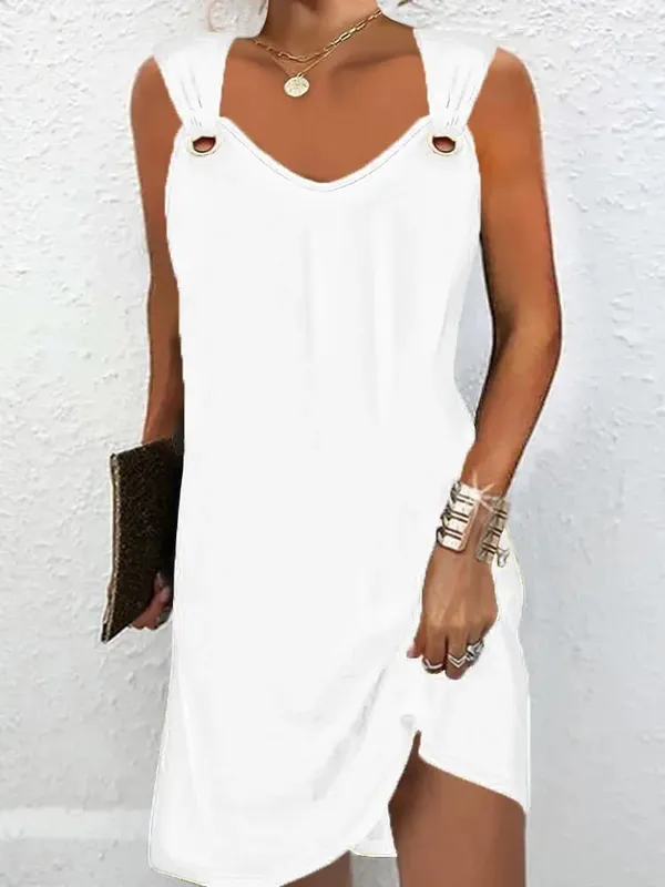 Mulheres verão vestidos casuais 2025 elegante estilo simples cor sólida botão de metal com decote em v sem mangas vestido feminino sexy midi vestidos