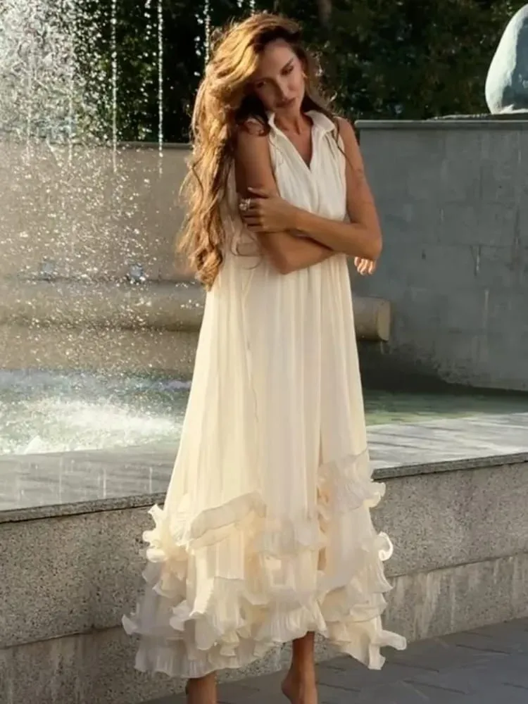 Sólido multi-camada babados maxi vestido feminino elegante sem mangas fora do ombro vestidos de cintura alta senhora nova chique vestidos de festa de férias