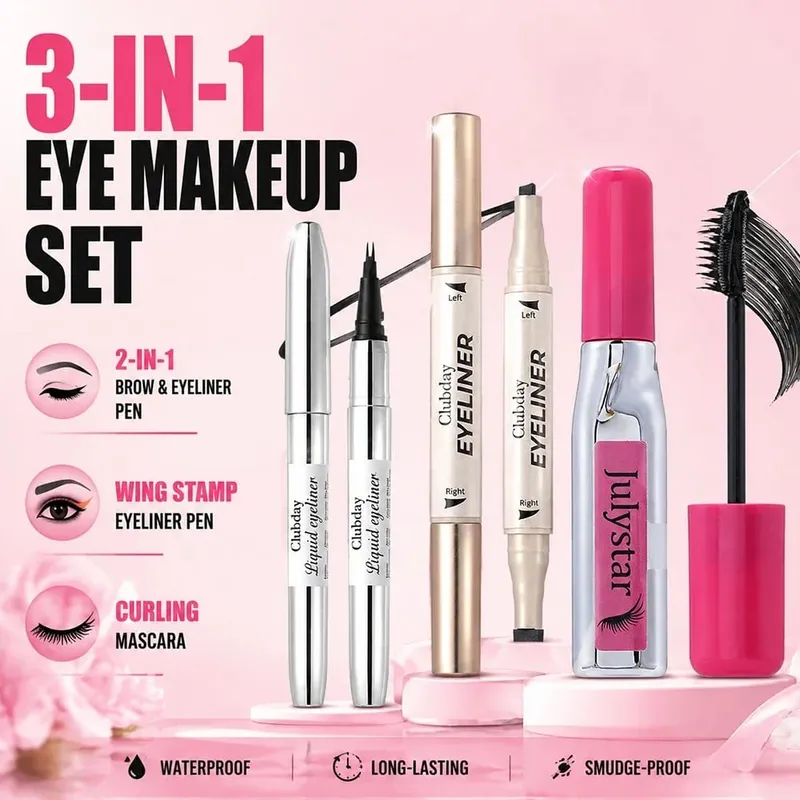Kit de olhos de 3 peças de longa duração, delineador de sobrancelha de ponta dupla, delineador com estampa de asa, rímel volumizador, cria looks deslumbrantes