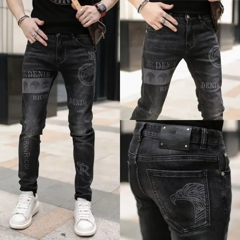 High End Elegante Clássico Distintivo Impresso Preto Stretch Denim Jeans para Homens de Alta Qualidade Slim Fit Stretch Calças Jeans de Luxo