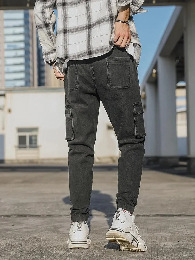 Jeans jogger masculino lavado algodão leve estiramento multi-bolsos calças cargo jeans tamanho asiático L-6XL