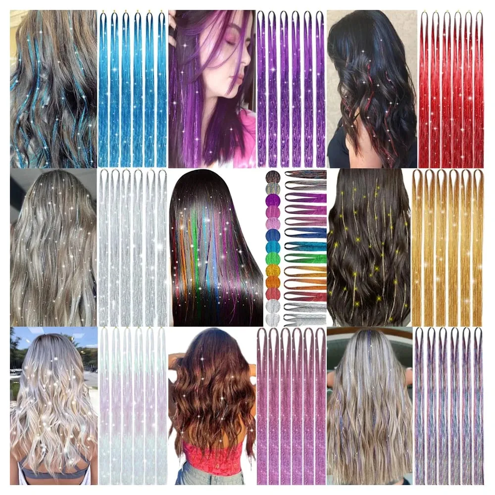 Extensões de cabelo sintéticas brilhantes, 93/120cm, fios coloridos de arco-íris, para meninas, cabelo, decoração falsa a laser