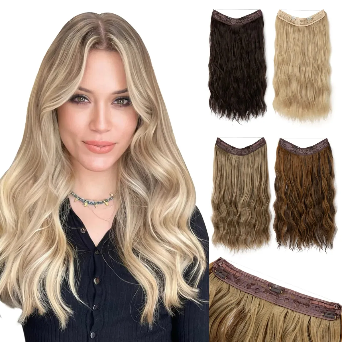 Fio invisível ondulado sintético com clipes, extensão de cabelo, linha de peixe, loiro natural, clipe em peça de cabelo falso